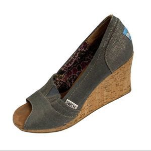 Toms Grey Metallic Fabric Peeptoe Cork Wedges Size 7